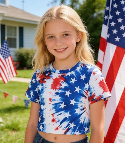 Image of Tkria Girl Crop Tops July 4th Crewneck Tshirt American Flag Patriotic USA Flag Girls Outfit Clothes Size 6-14