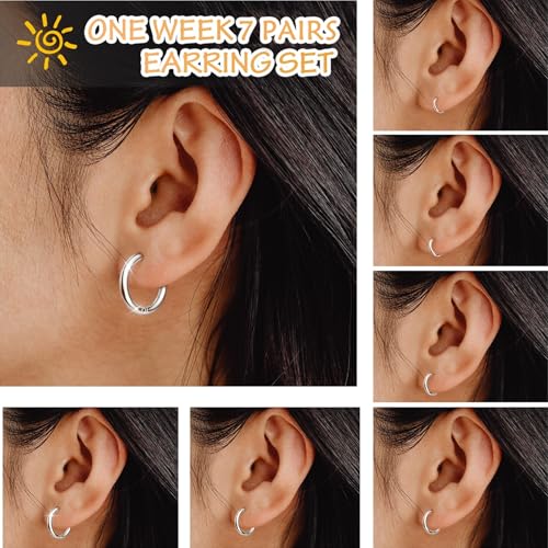 Stud Hoop Earrings Set 7 Pairs Hypoallergenic Cubic Zirconia Titanium Stainless Steel Silver Rose Gold Black 2-8mm CZ Cartilage Helix Flatback Ball Stud Hinged Sleeper Hoop Earrings Sets for Women Men4