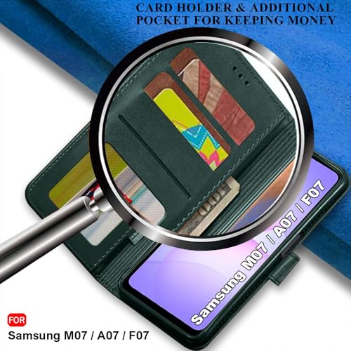 Image of TheGiftKart Flip Cover Back Case for Samsung Galaxy M07 / F07 | Genuine Leather Finish | Designer Button | Inbuilt Pockets & Stand | Wallet Style Flip Back Cover Case (Faux Leather, Green)