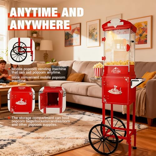 Image of Popcorn Maker with Cart - 14oz Stainless Steel Pot with Storage - Cinema Style Retro Popcorn Maker Cart with Wheels for Home Parties, Movie Theaters, Christmas Concession Equipment - Red