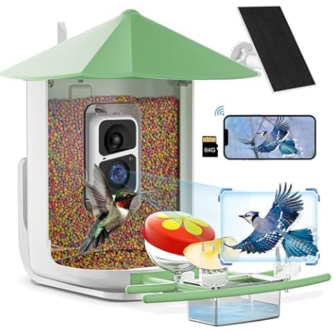 Careboda Smart Bird Feeder Camera with Automatic Bird Video Capture and Motion Detection Indoor Bird Camera, Wild Birding Camera with Solar Power for Bird Lovers, Green Cover