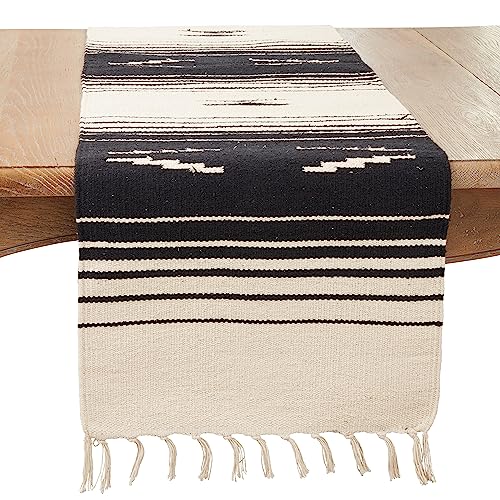 SARO LIFESTYLE Handwoven Southwestern Table Runner with Fringe Detailing, 16"x120", Black/Natural by SARO LIFESTYLE - Used condition - US$14.24