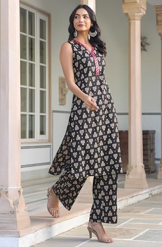 Image of Janasya Women Multi Ethnic Motifs Printed Pure Cotton Kurta & Pant Set Style