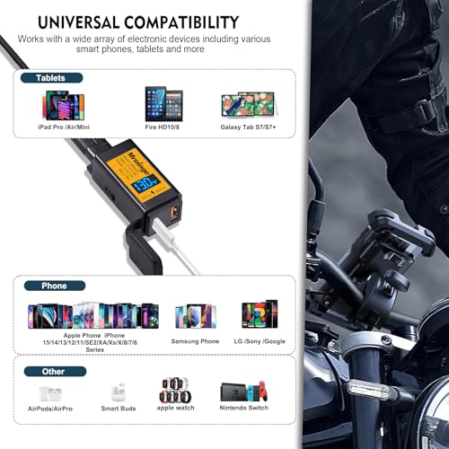Image of Mroinge Motorcycle USB-C Charger, SAE to USB Adapter, 27W Dual Port USB Fast Charger with Voltmeter /Ammeter and ON /Off Switch, Perfect for Phone, Tablet, GPS etc Charging
