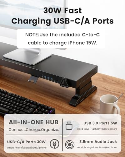 Image of Height Adjustable Dual Monitor Stand Riser with 6-Port USB Hub, Black | Fits Dual 27 inch Monitors, Charge & Sync Multiple Devices, Ergonomic Height, Solid Steel Material, Cable Management, Quick Setup