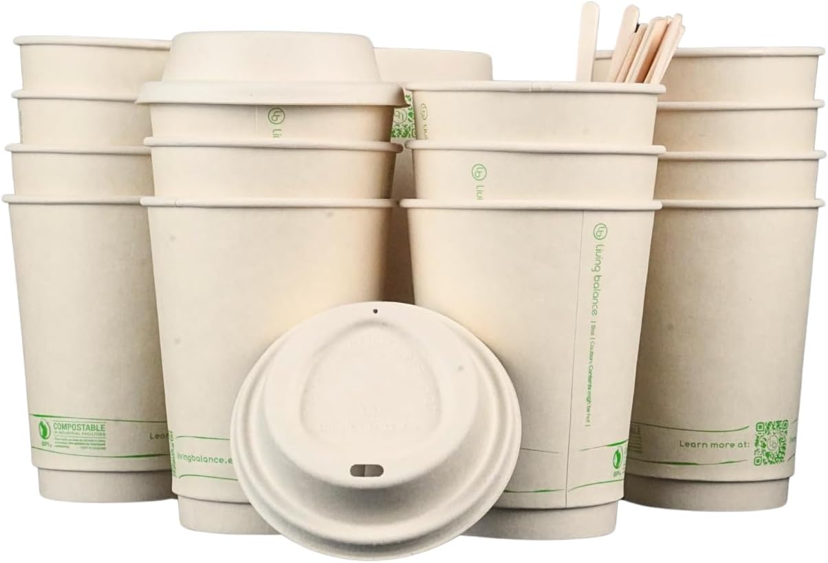 Living Balance Certified Compostable Coffee Cups with Bagasse Lids 12 oz – 75 Pack Cups with Stirrers & Integrated Sleeves | Leak Proof, BPA-Free & CPLA Certified Plant-based | To-Go cup for Drinks