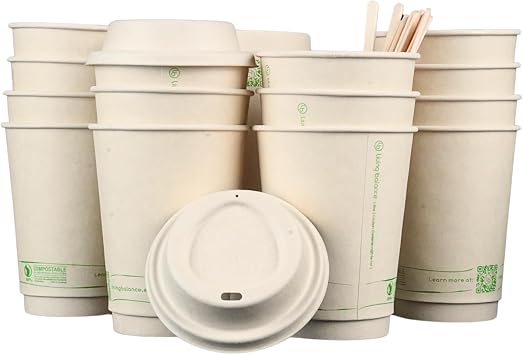 Living Balance Certified Compostable Coffee Cups with Bagasse Lids 12 oz 75 Pack Cups with Stirrers & Integrated Sleeves | Leak Proof, BPA-Free & CPLA Certified Plant-based | To-Go cup for Drinks