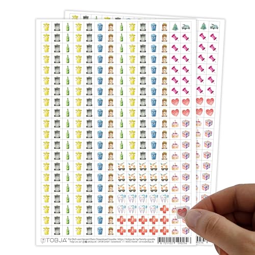 TOBJA Kalender Sticker Set - 2 Bögen mit 560 Aufkleber Kalender | Enthält Sticker für Mülltrennung, Arzttermine, Geburtstage, Weihnachten und Abfallkalender