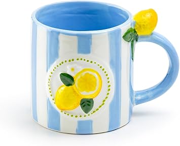 Fruit Stripe Ceramic Coffee Mug, Colorful Fruit Design Mug for Coffee, Tea and Hot Drinks, Cherry Lemon Orange Kitchen Cups Lemon Blue Stripe