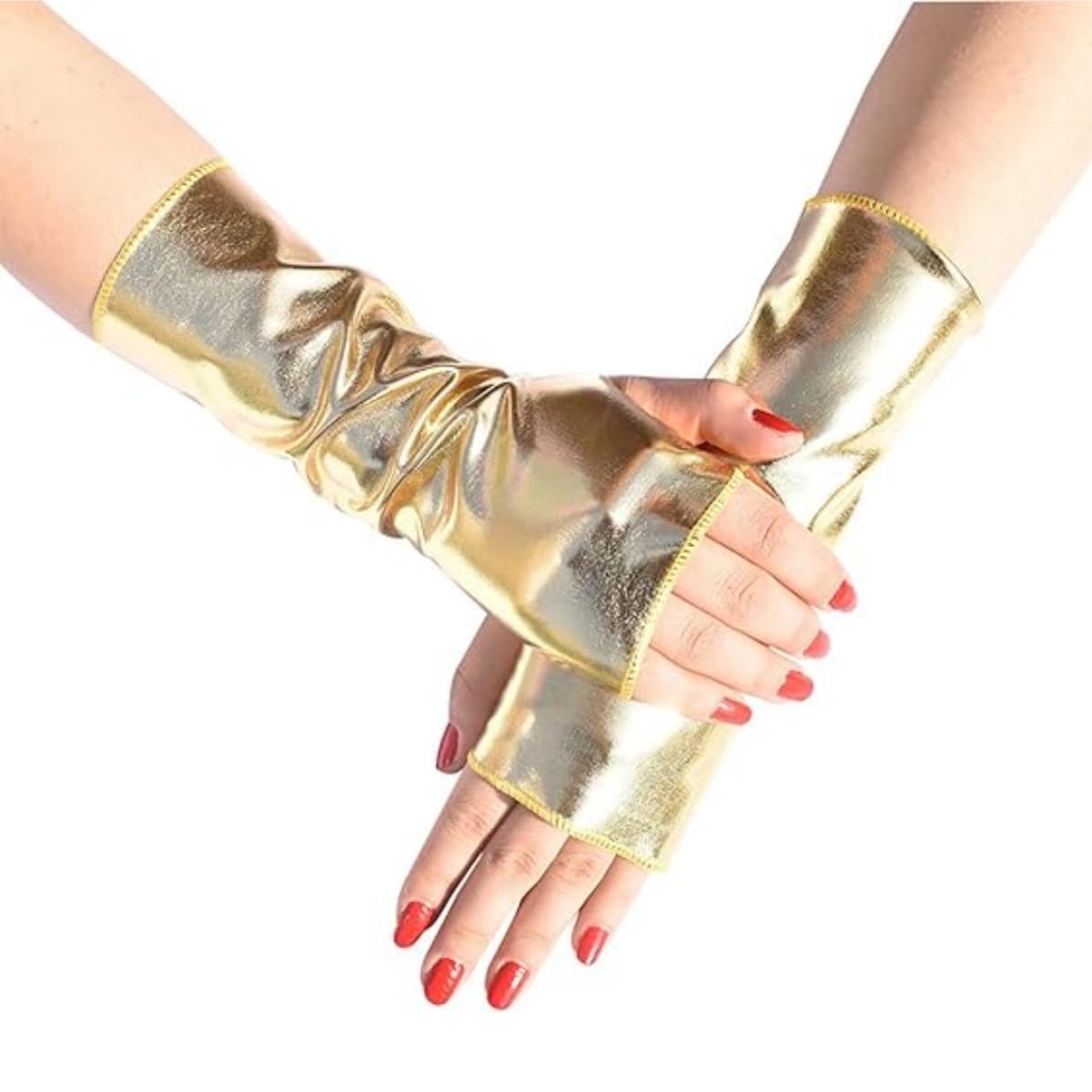 Women's Shiny Fingerless Gloves - Unisex Metallic Wetlook Party, Elastic Patent Leather for Stage Performance Costume, Sparkly 80's for Masquerade, Rave, Halloween, Cosplay