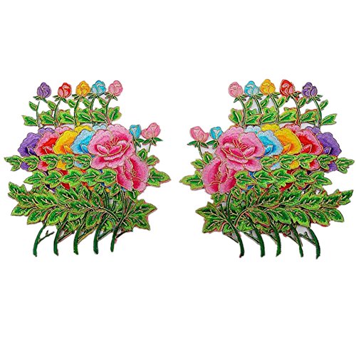 Ximkee (1 Pair) Peony Flowers With Gold Thread Trimming Embroidery Appliques Sew Iron On Patch-Purple #TOP2