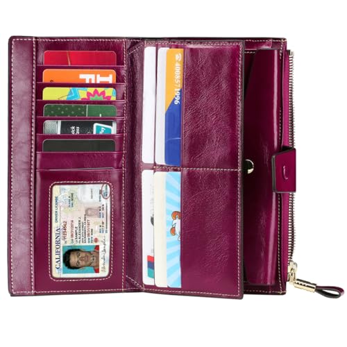 Image of Itslife Womens Wallet RFID Blocking Large Capacity Luxury Wax Genuine Leather Wallets Clutch Wallet Ladies Card holder, Fuchsia