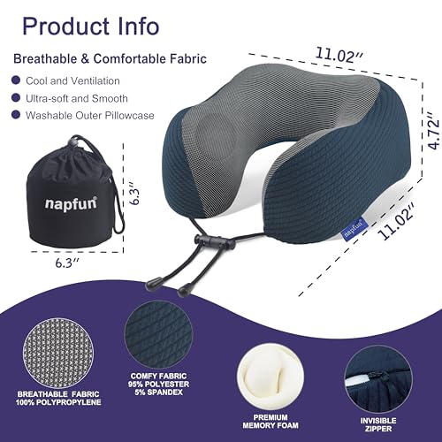 Image of napfun Neck Pillow for Traveling, Upgraded Travel Neck Pillow for Airplane 100% Pure Memory Foam Travel Pillow for Flight Headrest Sleep, Portable Plane Accessories, Deep Blue