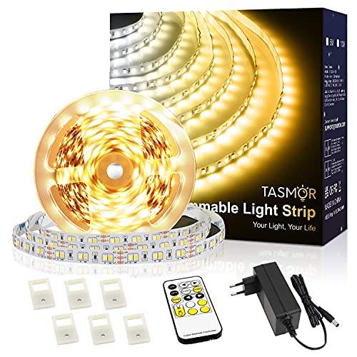 TASMOR Ruban LED Blanc Chaud, Bande LED 5M Dimmable 2700-6500K, Ruban à LED Lumineuse avec RF Télécommande pour Eclairage Intérieur Maison Chambre Escalier Cuisine