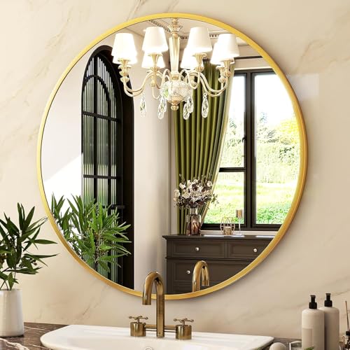 Image of HARRITPURE 28 inch Round Mirror - Gold Bathroom Mirror Circle Wall Mirror with Brushed Aluminum Alloy Frame Modern Decor for Living Room, Vanity, Bedroom, Entryway