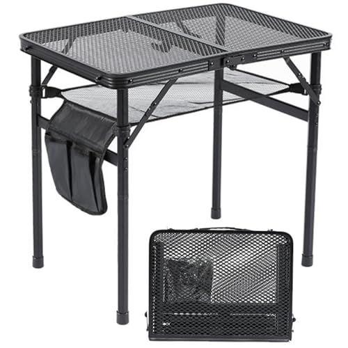 FORYUSE Folding Camping Table 60x40cm Portable Lightweight Height Adjustable Metal Mesh Desktop Bag Side-Pocket Carry Handle for Outdoor Picnic Grill BBQ Beach