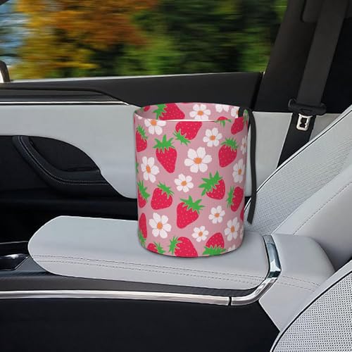 Image of Car Garbage Bag Pink Strawberry and Floral Mini Car Trash Bin Portable Collapsible Waterproof Rubbish Bag for Car Accessories Back Front Seat Cup Holder