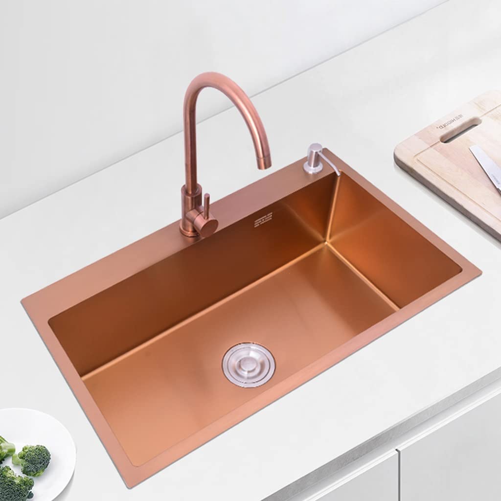 Lavello per Bar da Cucina, Vasca Singola, in Acciaio Inox, Metallo, per lavastoviglie, Montaggio sopra o sottopiano con Gruppo di Scarico e cestello di Scarico (Oro Rosa 53x43x21 cm)