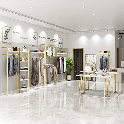Wfderan Modern Clothing Store Square Tube Garment Rack,1-Tier Wall Mounted Storage Clothes Shoe Bag Hanging Shelves,Retail Shop Clothes Display Stands (24" L, Gold With Wood) #TOP5