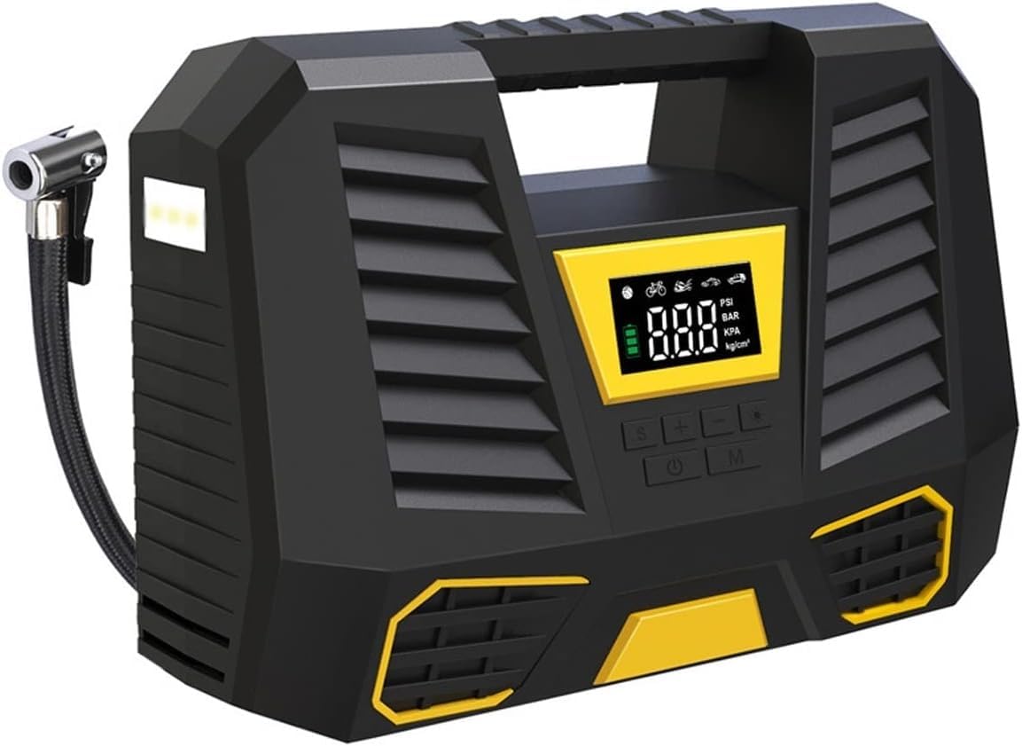 Przenośna sprężarka powietrza, 150 PSI, 12 V DC, pompka do opon z wyświetlaczem LCD i lampą LED, czarny/żółty