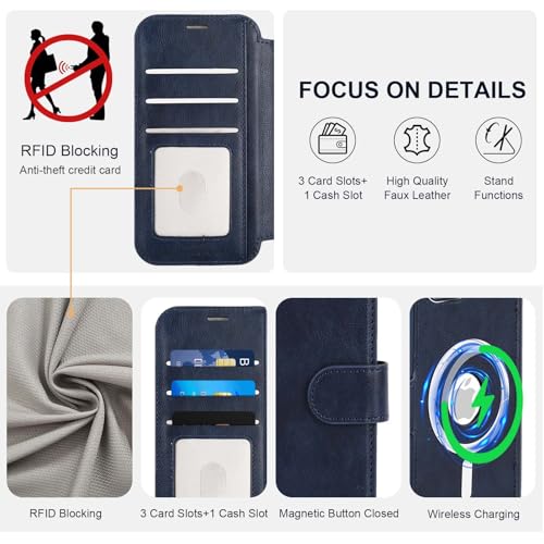 VANAVAGY Compatible for iPhone 15 Plus/14 Plus Wallet Case for Magsafe Wireless Charging, PU Leather Flip Case [Screen Protector & Camera Cover] with Strap RFID Blocking Card Holder,Navy Blue by VANAVAGY - Image 4