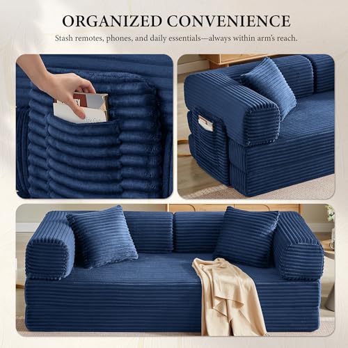 Image of Boneless Couch Futon Sofa Bed Sectional Couches for Living Room,Cloud Couch with Sleeper Sofa,Sofas for Living Room Oversized Corduroy Upholstered (Blue, 81 Inches (with Iron Frame))