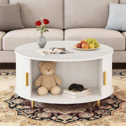 DHH Round Coffee Table, 31.5" Mid Century Modern Coffee Table with 360° Sliding Tambour Door, Fluted Accent Coffee Table with Storage Adjustable Footpads for Living Room (White)
