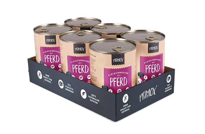 PRIMOX® Fleischmecker Hunde-Nassfutter | Getreidefrei | 70% Fleisch & Innereien | Made in Germany & 100% Natürlich | Omega-3 für Haut & Fell | Gluten- & Laktosefrei (Pferd, 6x400 g)