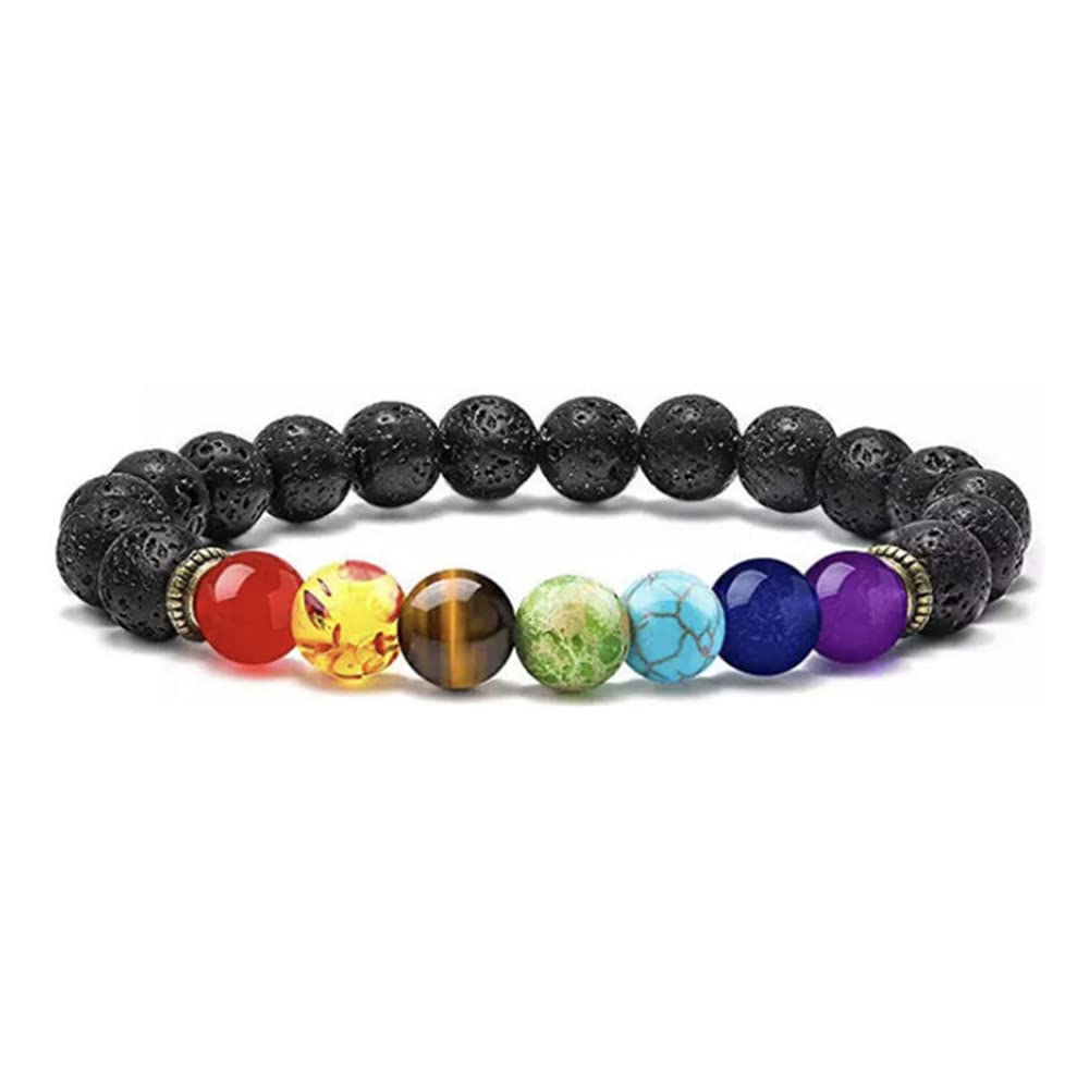 Bracciale Elastico 7 Chakra Con Pietre Naturali Da 8 Mm – Gioiello Donna Uomo In Pietre Vulcaniche, Ametista, Sodalite E Occhio Di Tigre