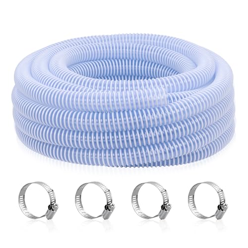 DAVCO 2 ID Heavy Duty Clear Pool Filter Pump Hose 10 ft - Cuttable Kinkproof PVC with Spiral Reinforcement Includes 4 Stainless Steel Clamps for Above Ground Pool Systems