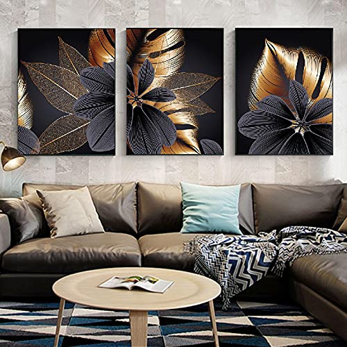 Tableau feuille or et noir pour salon nordique chic triptique 60x90cm