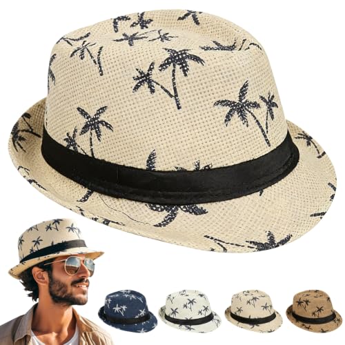 Chapeau de Paille Homme, Chapeau de Paille Panama À Bord Court, Imprimé Palmier, pour Tropical, Vacances, Fête à Thème, Taille 58 – Convient à la Plupart des Gens