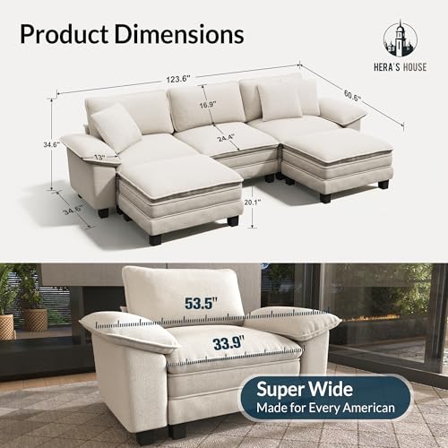 Image of HERA'S HOUSE 124 inch Oversized Modular Sectional U Shaped Sofa,Chenille Beige | 5-Seater Living Room Couches, Wider Armrest and Deep Seat, Comfy Cloud Couch with Ottoman, Wood Sturdy Frame