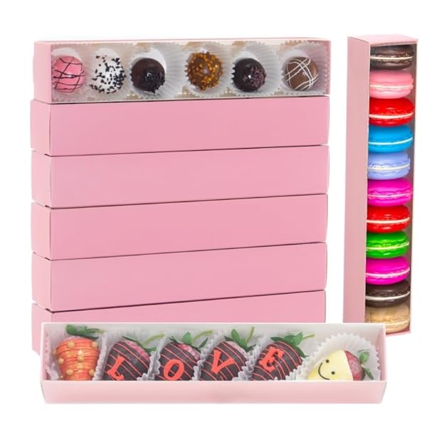Romantic Baking 50 Pack Long Chocolate Covered Strawberry Macaron Truffle Cocoa Bomb Cookies Bakery Boxes (12x2x2 Inches) by RomanticBaking - Used condition - US$25.17