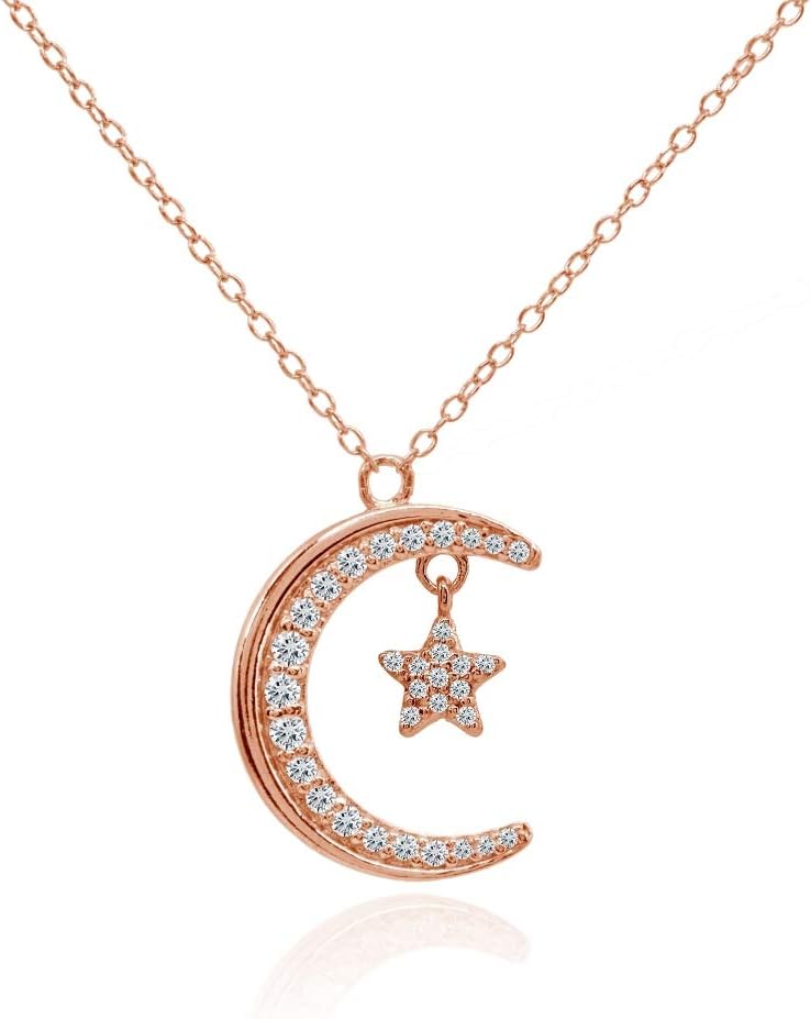 Hoops & Loops 925 Sterling Silver Crescent Moon and Star Cubic Zirconia Pendant Necklace for Women, Silver, Yellow Gold, Rose Gold