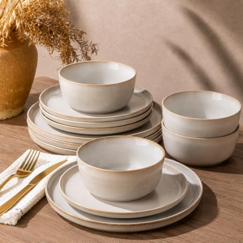 Image of GBHOME Ceramic Dinnerware Sets for 4, 12 Pieces Stoneware Plates and Bowls Sets, Scratch Resistant Dishes, Dishwasher & Microwave Safe, Reactive Glaze