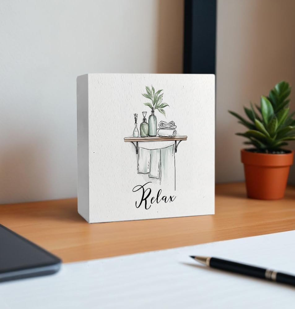 Relax Funny Bathroom Wooden Box Sign, Eucalyptus Botanical Wood Signs for Restroom Bathroom Toilet Half Bath Shelf Counter Decor, 5x5 Inch image 4