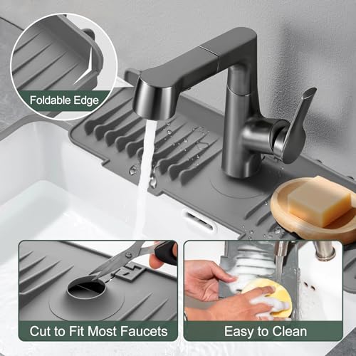 17.7"×5.5" Sink Splash Guard,Silicone Faucet Mat for Kitchen Bathroom Sink,Draining Mat Faucet Handle Drip Catcher Tray, Sink Organizer Holder for Sponge Dish Soap