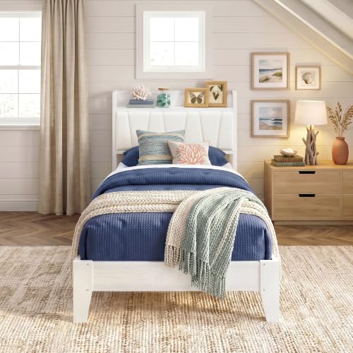 Image of LIKIMIO Twin XL Bed Frames, PU Leather Storage Headboard with Charging Station, Solid and Stable, Noise Free, No Box Spring Needed, Easy Assembly, White
