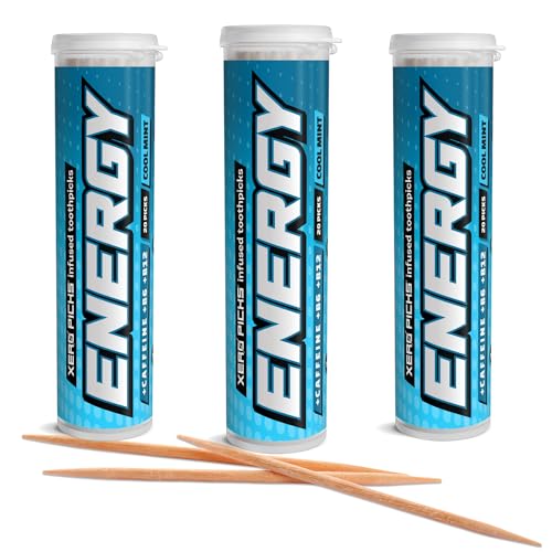 Image of Xero Picks Energy Caffeine Flavored Toothpicks B12 for Focus & B6, 60 Picks (Pack of 3) (Cool Mint) Sugar-Free Alternative to Energy Mints & Gum - Kosher