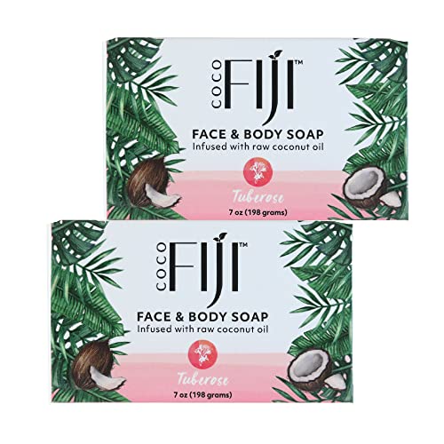 Coco Fiji Soap Bar for Face and Body Infused With Organic Coconut Oil, Tuberose, Essential Oil, Natural Soap for Moisturizing & Pore Purifying Skin, 7 oz,Pack of 2