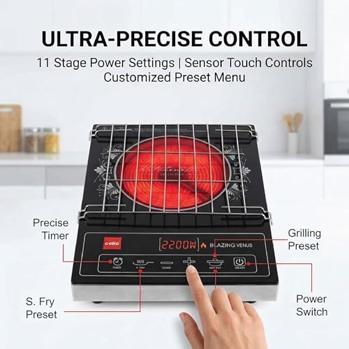 Image of CELLO Blazing Venus Infrared Cooktop Stove 2200W Black | Crystal Glass Top Plate, Sensor Touch Controls, Customized Reset Menu, 11 Stage Power Settings | For Frying Boiling Grilling | 1 Year Warranty