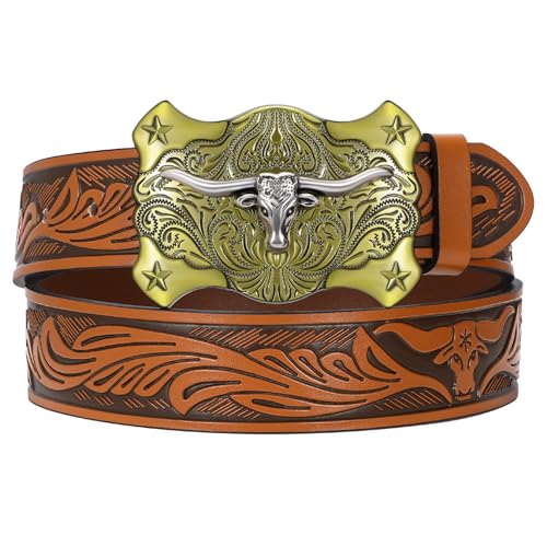 Men Western Leather Belt Cowboy Buckle Belt Floral Embossed Tooled Country Belt for Jeans