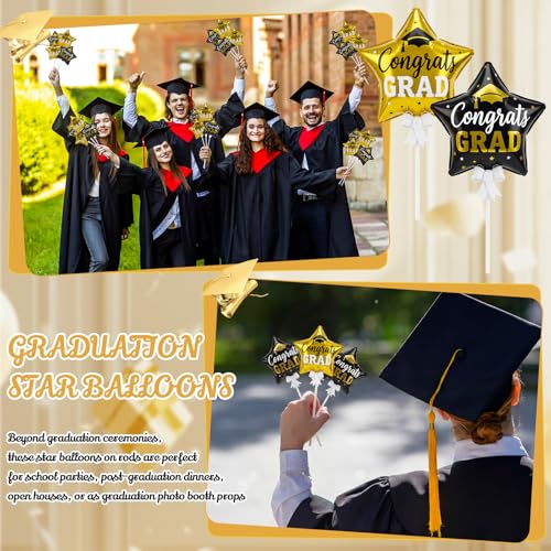 JolliLudo 48 Pcs Small Graduation Star Balloons 4 Inch Black Gold Mini Balloons with Bow Rod, Self Inflatable Congrats Grad Party Decorations for Ceremony Graduate Favors Table Centerpieces by JolliLudo - Used condition - Image 6