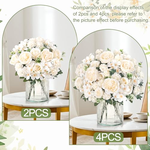 2 Bundles White Peonies Artificial Flowers Silk Flower Centerpieces for Tables Fake Flower Arrangements Bouquets Mixed Roses Hydrangea with Stems for Wedding Bridal Bouquets Home T image 3