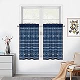 CAREMEE KitchenCurtains, 2 Panels Boho Geometric Farmhouse Tier Curtains Navy Blue Bohemian Printed