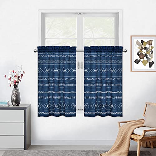 Caremee Kitchencurtains, 2 Panels Boho Geometric Farmhouse Tier Curtains Navy Blue Bohemian Printed Pattern Short Curtains Window Treatment, 26 × 30 Inch, Navy Boho #TOP21