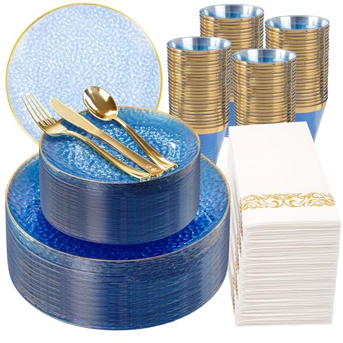 Rubtlamp 350 Pcs Clear Blue Plastic Plates, Blue Gold Plastic Dinnerware Set (50 Guests), Blue Disposable Plates With Gold Rim, Hammered Party Plates Set for Wedding And Party