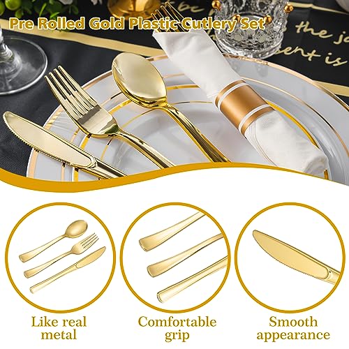 N9R 75 Pack Pre Rolled Gold Plastic Cutlery Set, Wrapped Plastic Silverware Set with 75 Forks, 75 Knives, 75 Spoons and 75 Napkins, Disposable Cutlery Set for Party and Wedding - Thumbnail 4