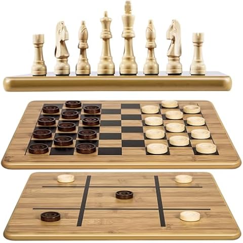 VAMSLOVE Checkers Chess Tic-Tac-Toe Game Set 11.5" x 11.5" Double-Sided 3 in 1 Board with Chess Pieces - 2 Extra Queens - Interlocking Checkers - Storage Bag - Instructions Cover